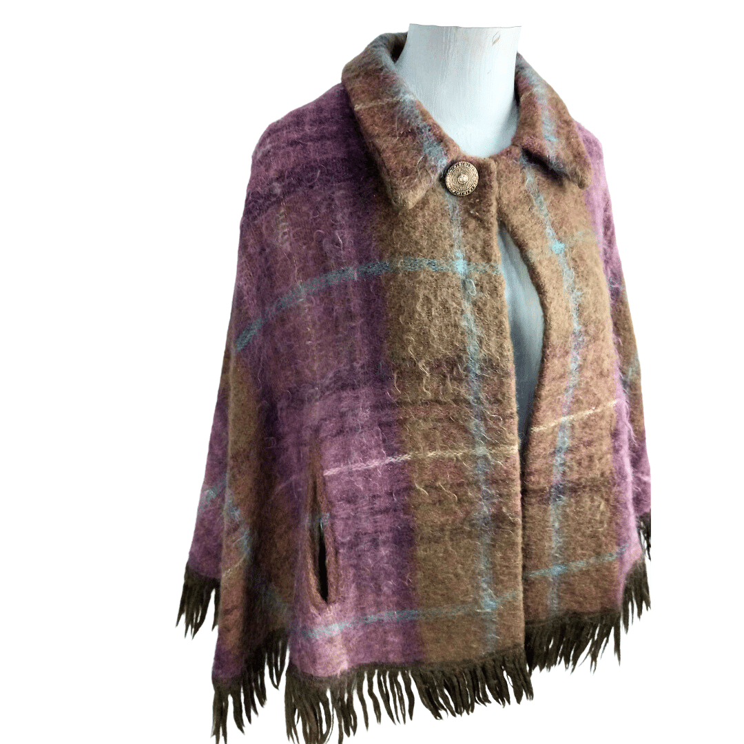 Plaid mohair and wool collared fringed cape - S/M/L