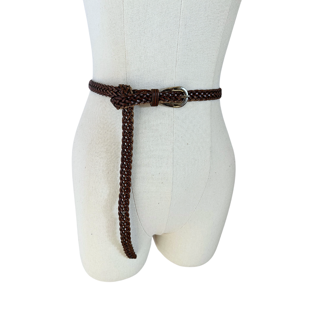 Brown vintage plaited skinny leather belt - adjustable