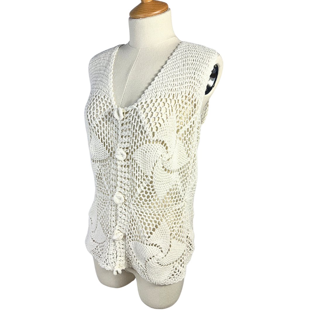 White boho crochet button down vest - M