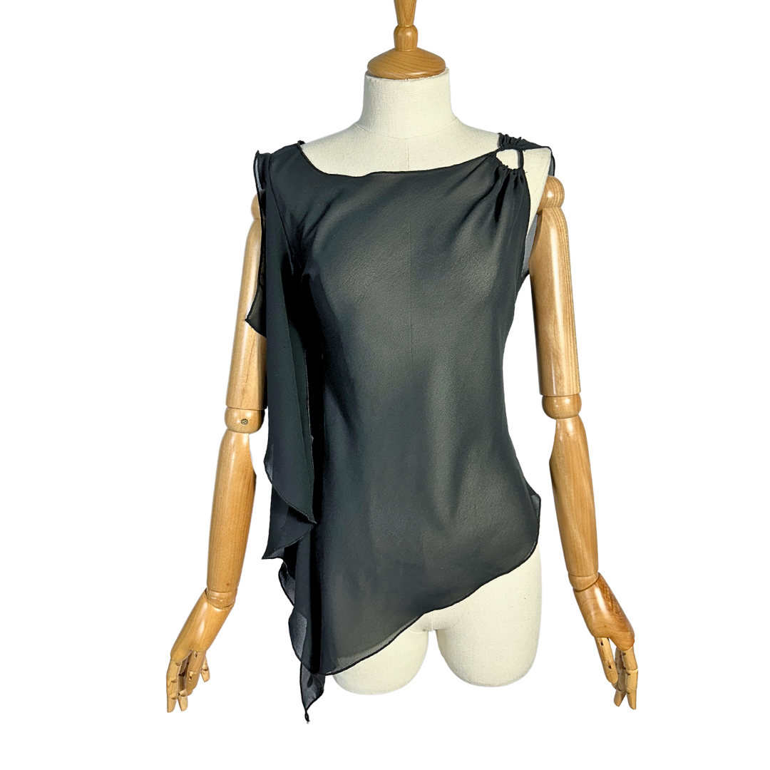 Black Y2K sheer asymmetrical hem top - S