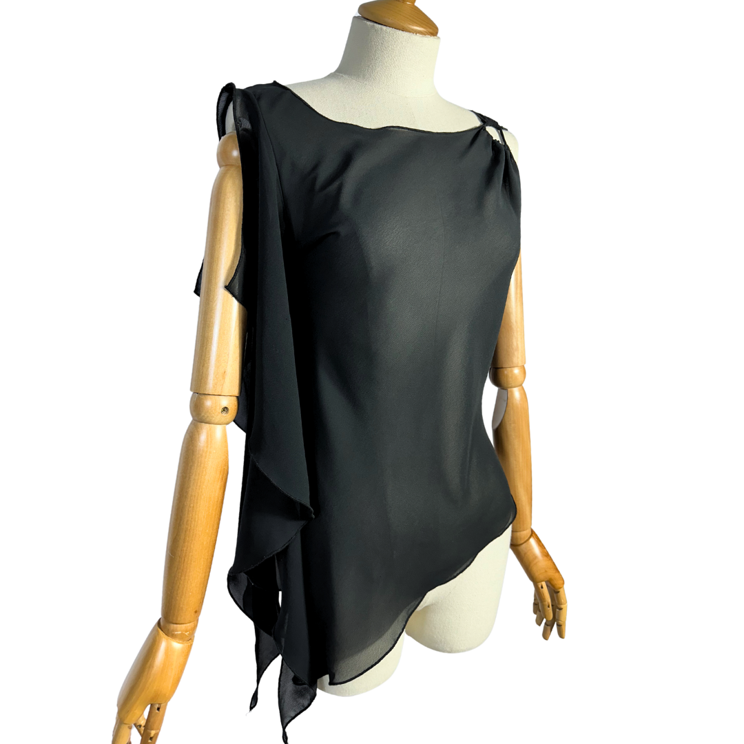 Black Y2K sheer asymmetrical hem top - S