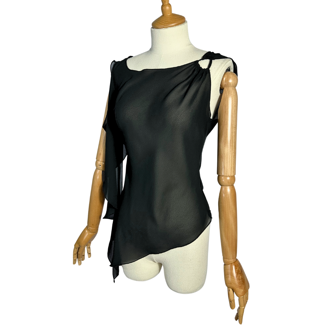 Black Y2K sheer asymmetrical hem top - S