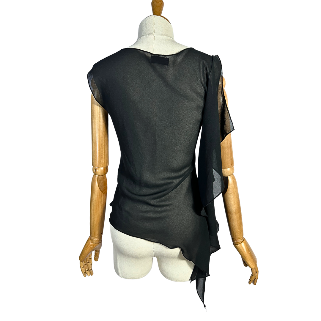 Black Y2K sheer asymmetrical hem top - S