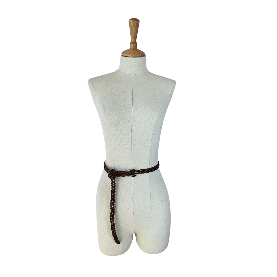 Brown vintage plaited skinny leather belt - adjustable