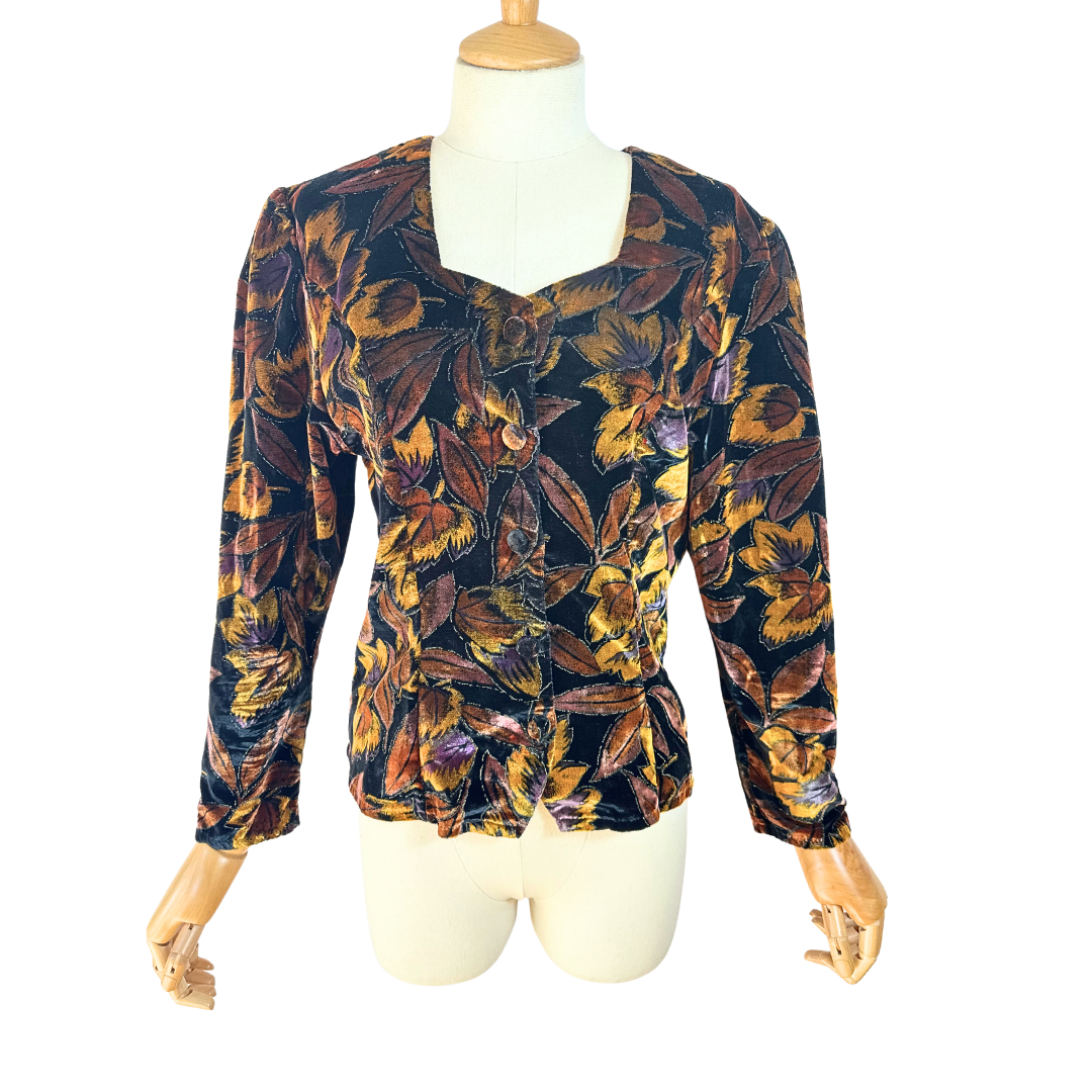 Vintage leaf print velvet blouse - M