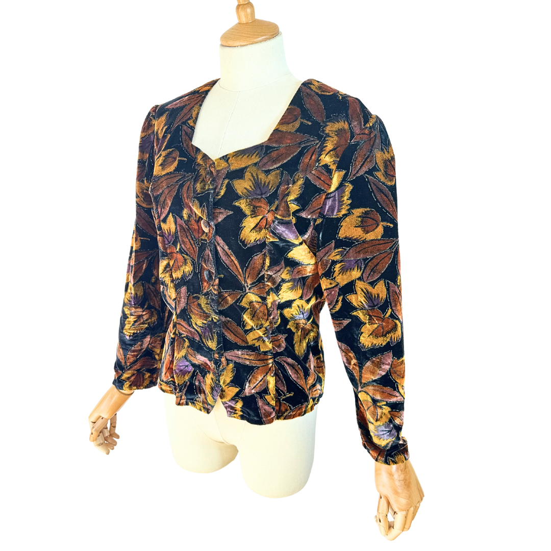 Vintage leaf print velvet blouse - M