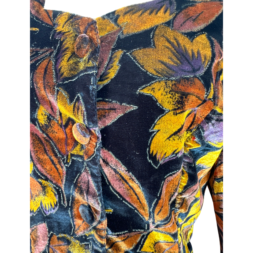 Vintage leaf print velvet blouse - M