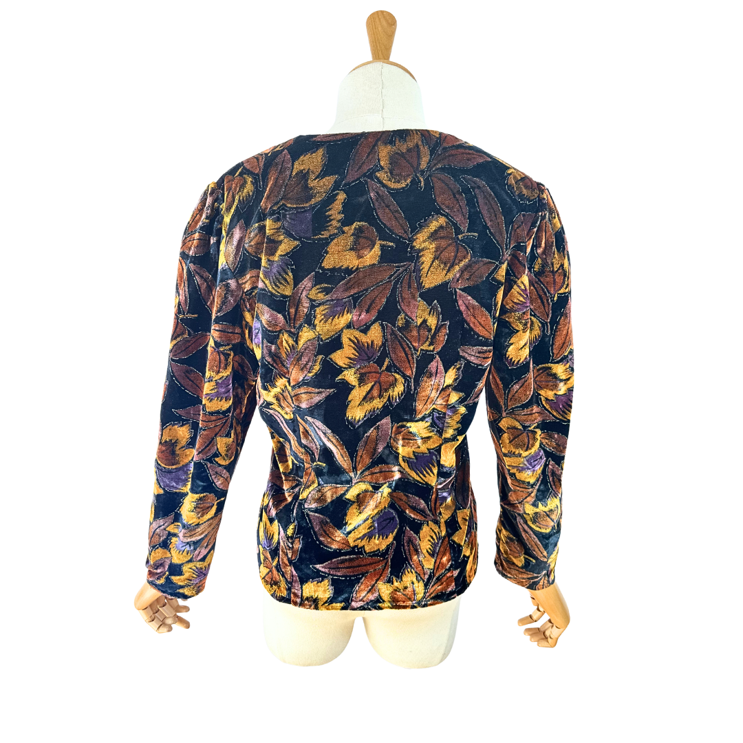 Vintage leaf print velvet blouse - M