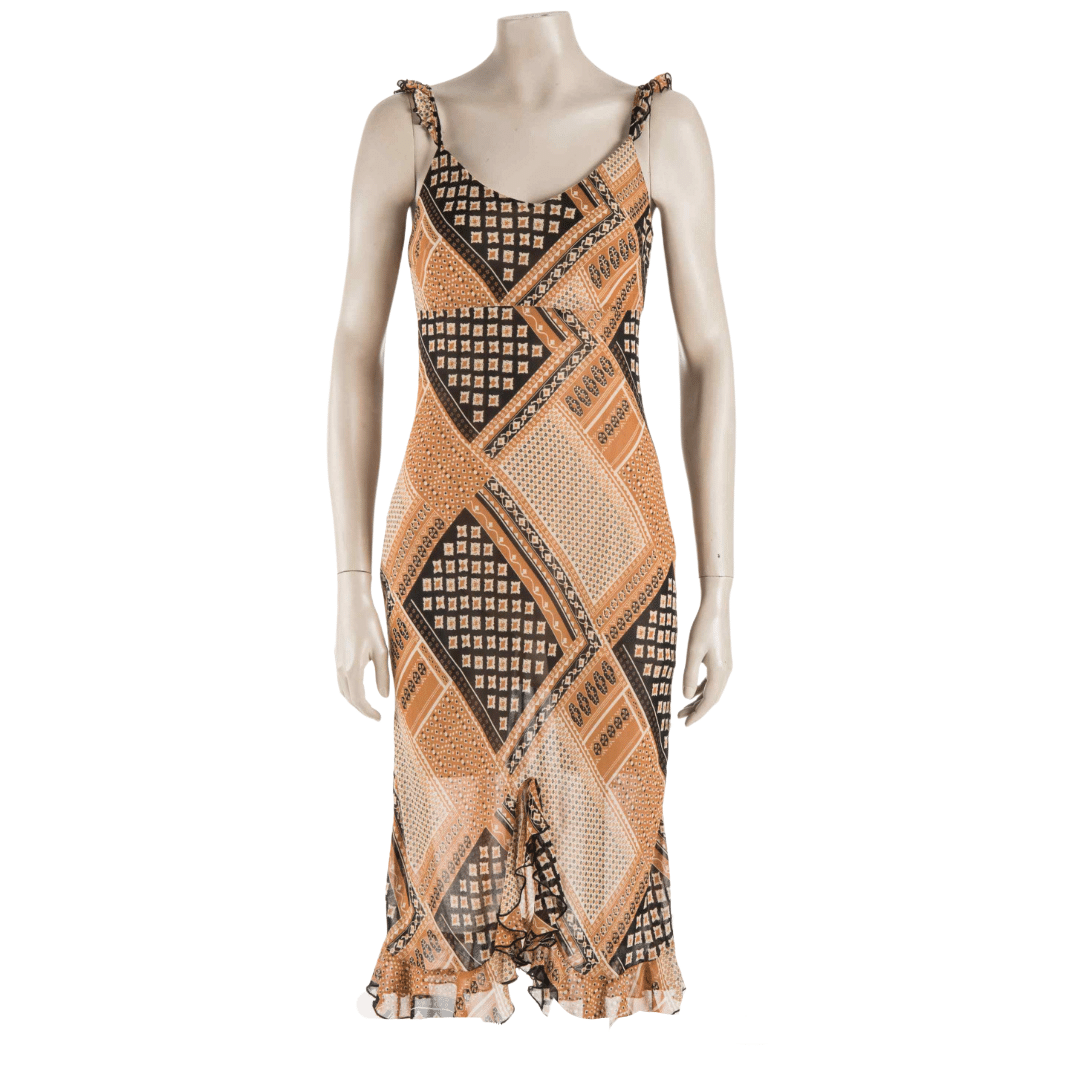 Printed spaghetti strap dress with ruffle detail - M