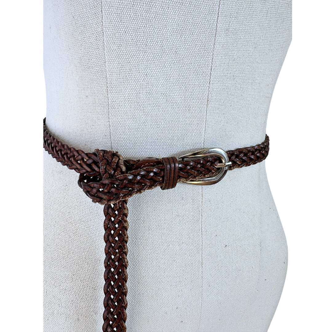 Brown vintage plaited skinny leather belt - adjustable