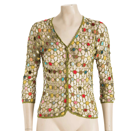 Floral crochet three-quarter sleeve cardigan with beads - S