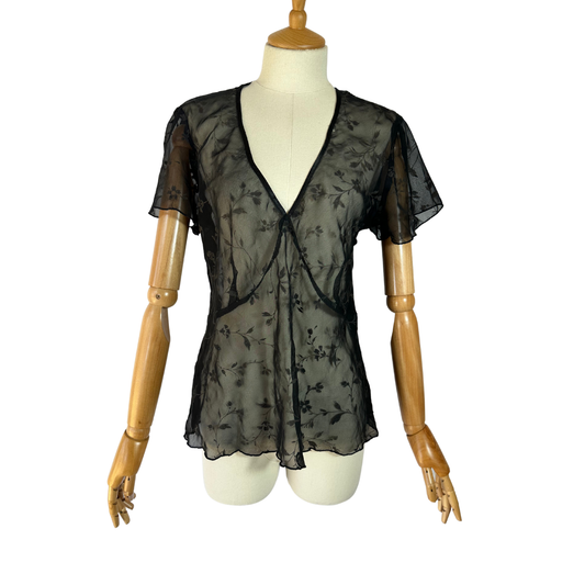 Black 90s sheer floral vneck top - L