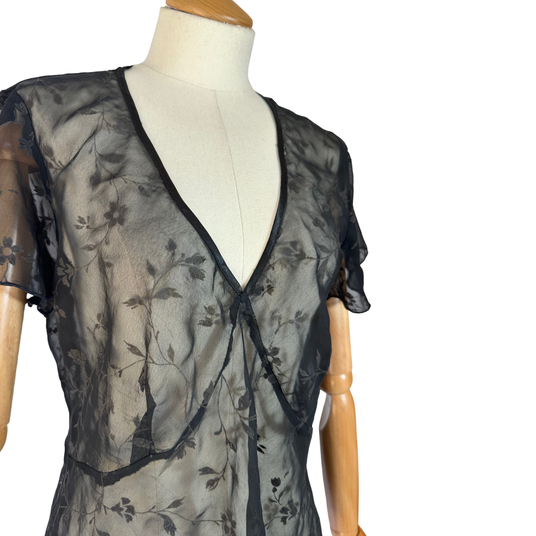 Black 90s sheer floral vneck top - L