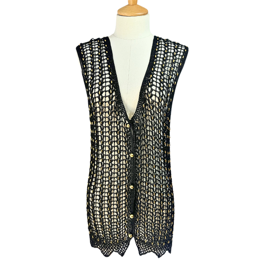 Gold beaded button down knit vest - M