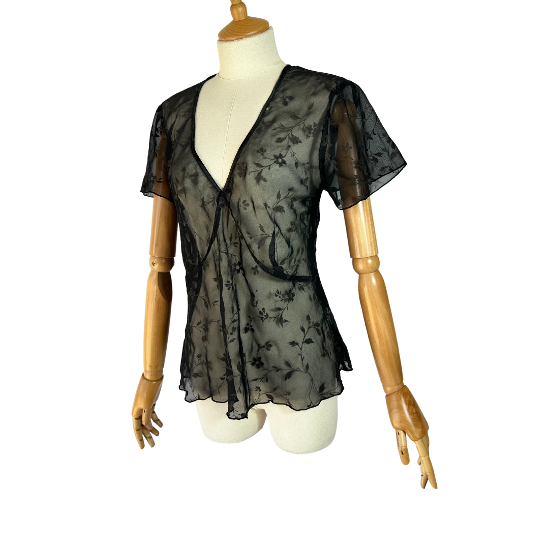 Black 90s sheer floral vneck top - L