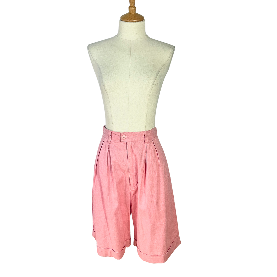 Pink vintage high waist linen bermuda shorts - S