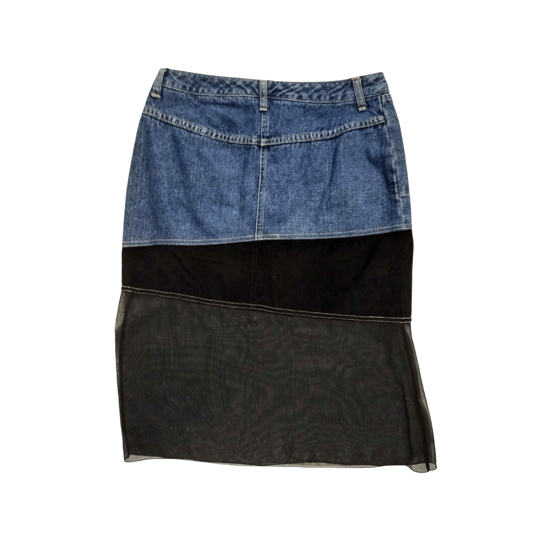 Midi skirt with denim, velvet, and chiffon tiers - M