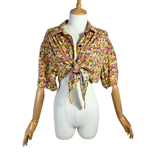 90s floral tie front shirt - L