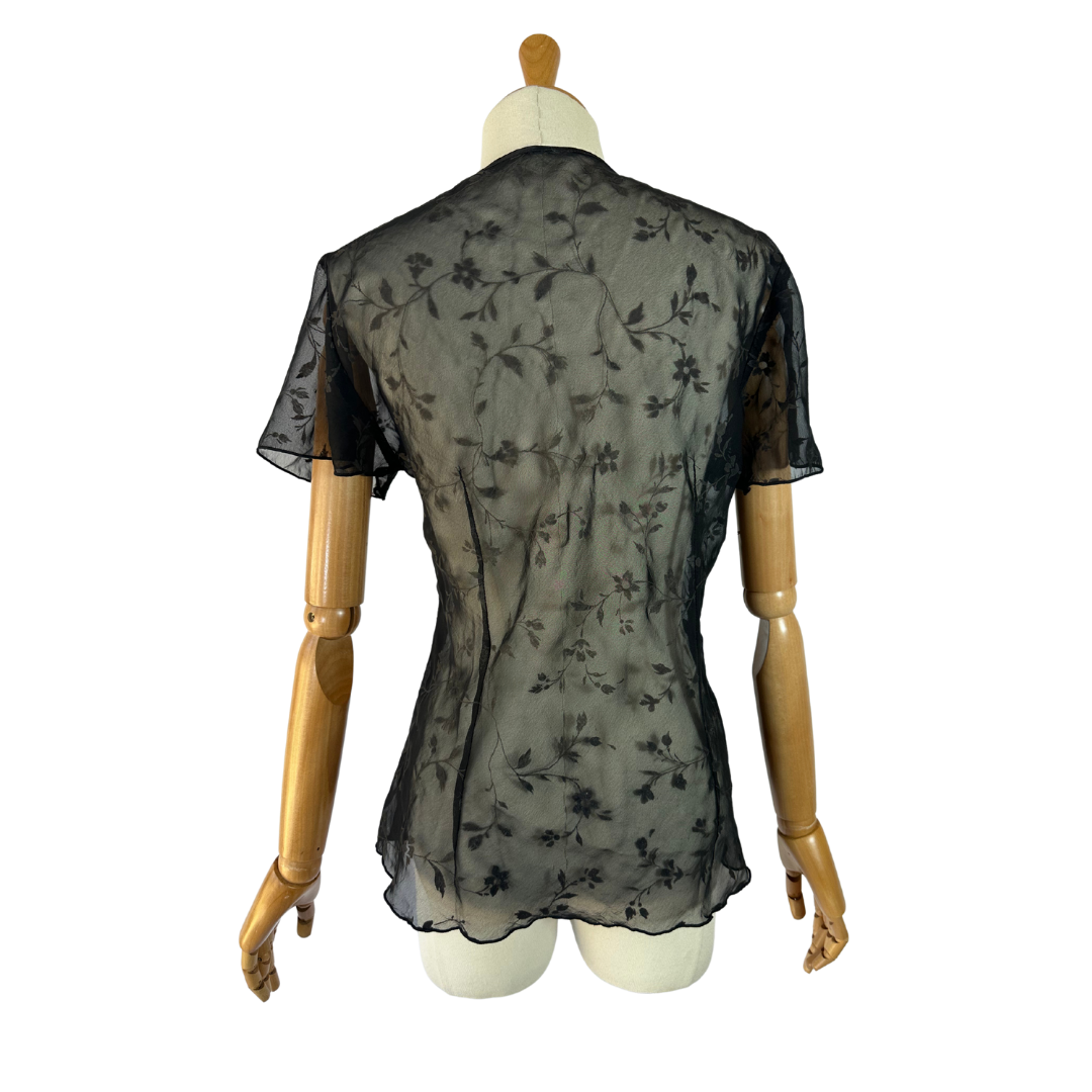 Black 90s sheer floral vneck top - L