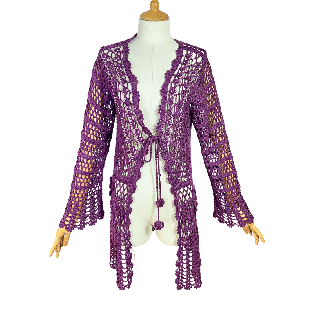 Purple crochet tie front bellsleeve cardigan - S