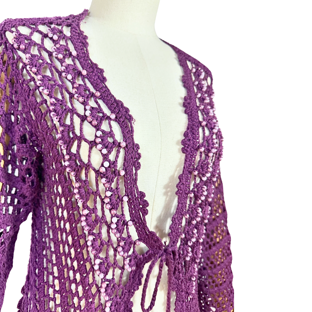 Purple crochet tie front bellsleeve cardigan - S