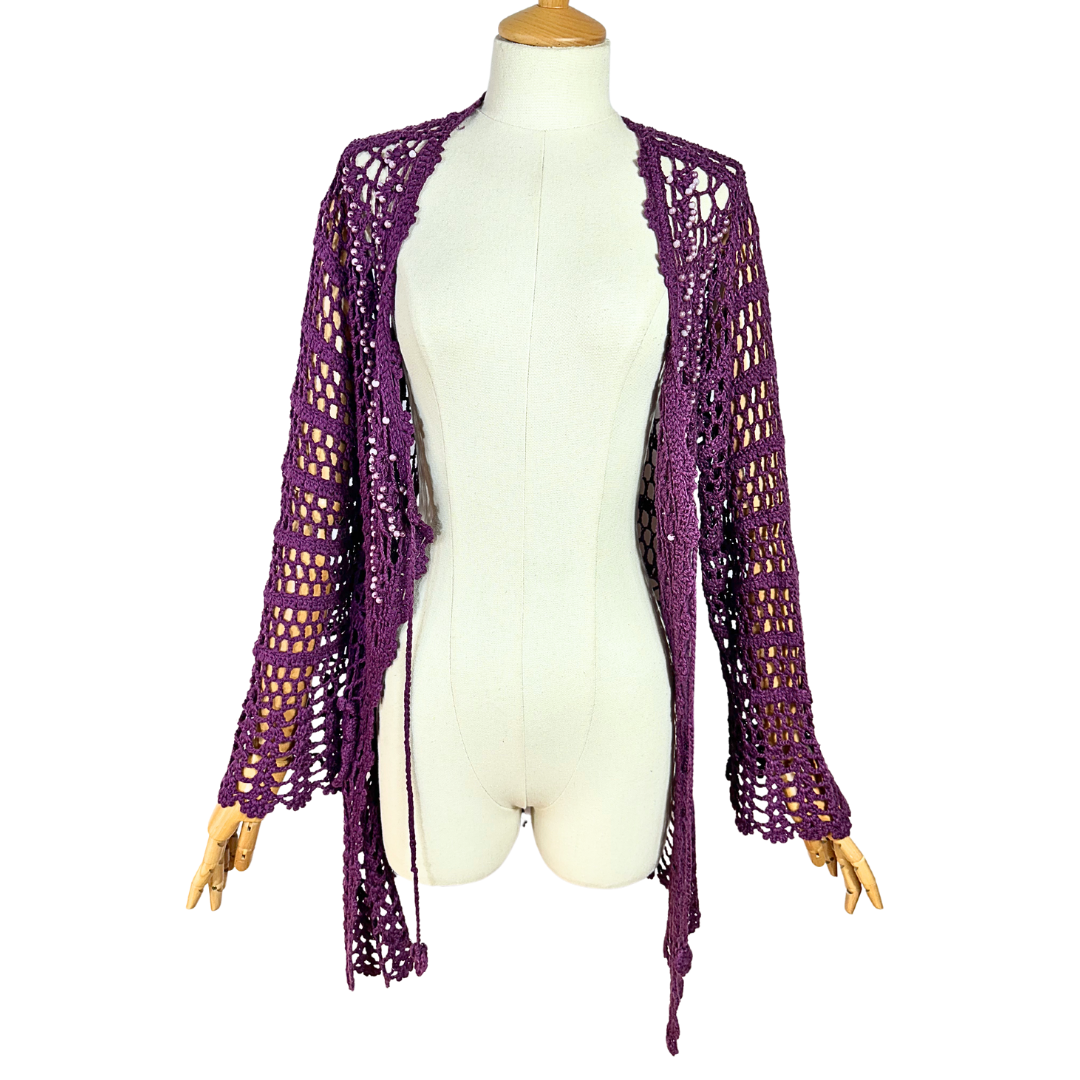 Purple crochet tie front bellsleeve cardigan - S