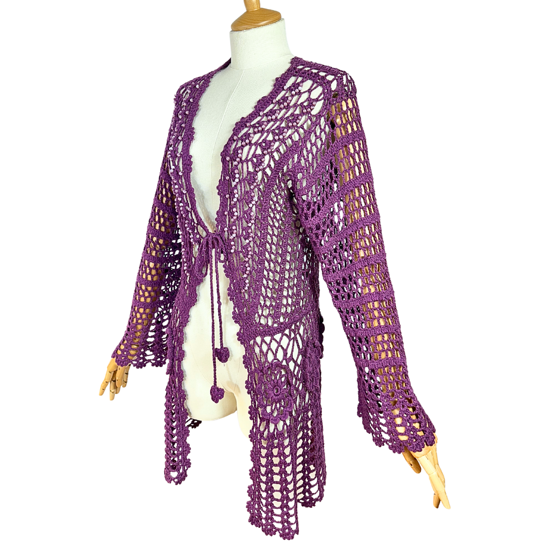 Purple crochet tie front bellsleeve cardigan - S