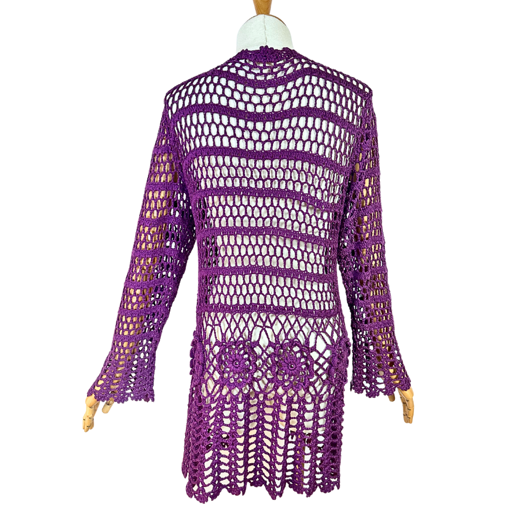 Purple crochet tie front bellsleeve cardigan - S