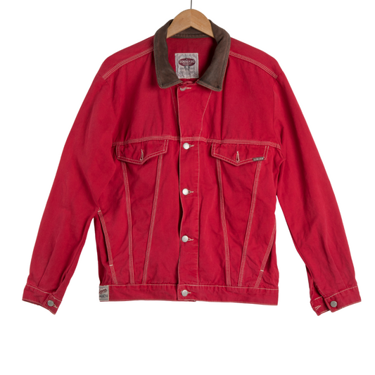 Red vintage Donovan denim jacket with leather collar - L