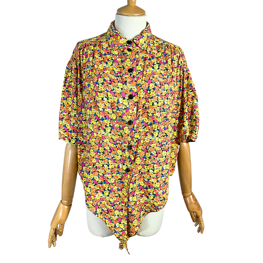 90s floral tie front shirt - L