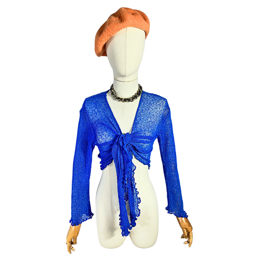 Blue tie front knitted crop top - S