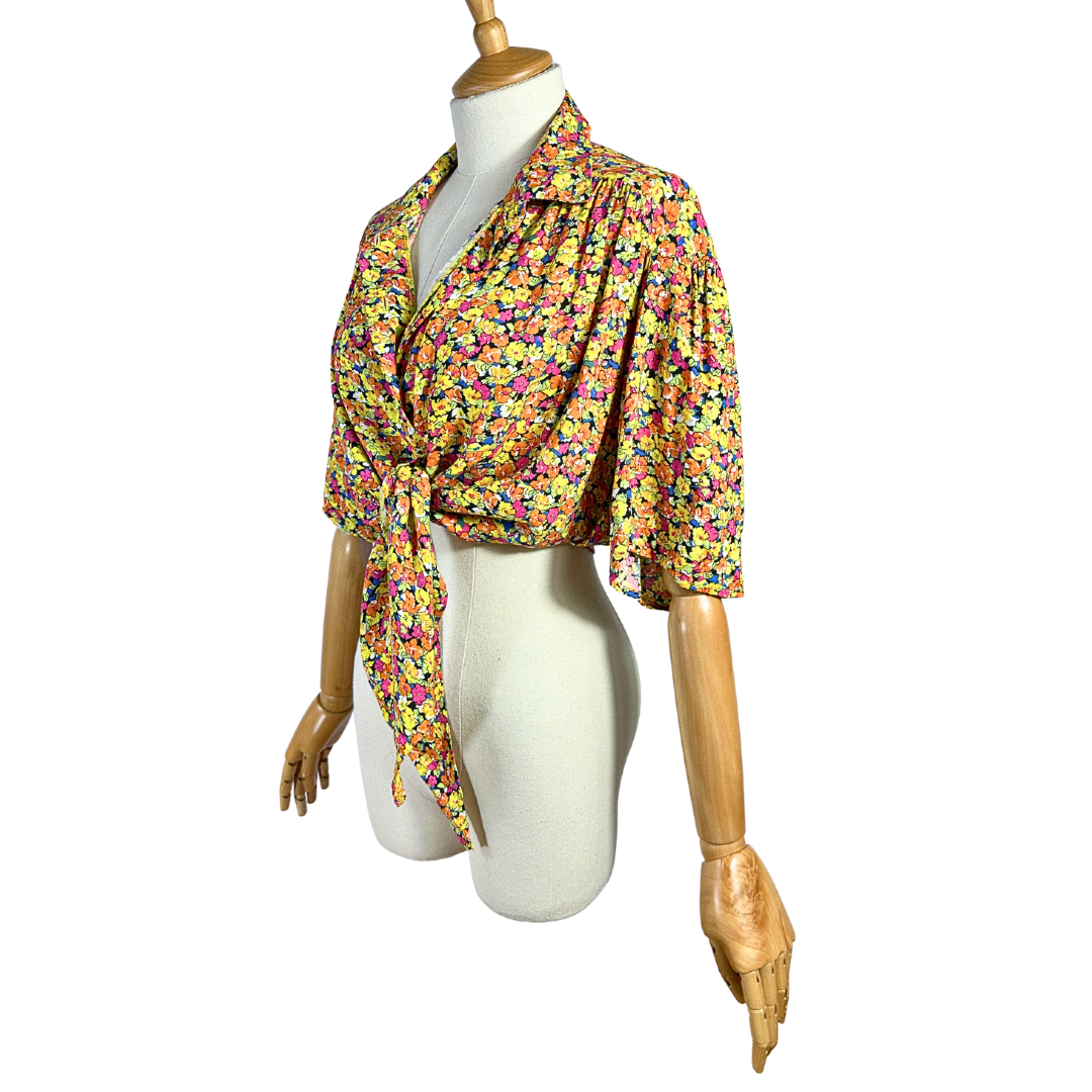 90s floral tie front shirt - L