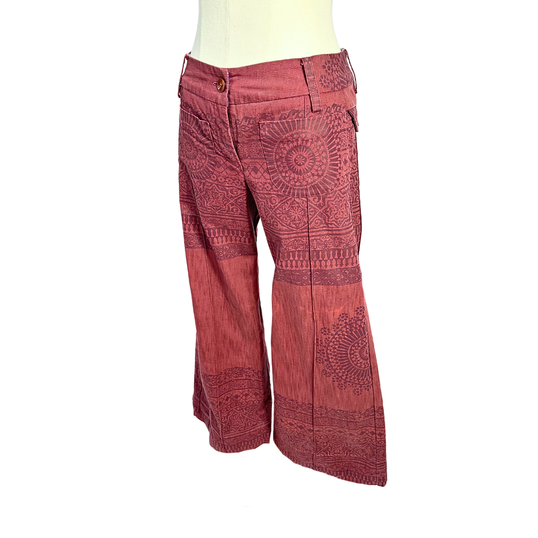 Maroon low rise mandala print wide leg pants - S