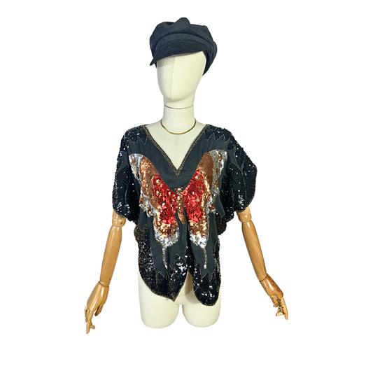 Vintage butterfly sequin batwing top - S/M