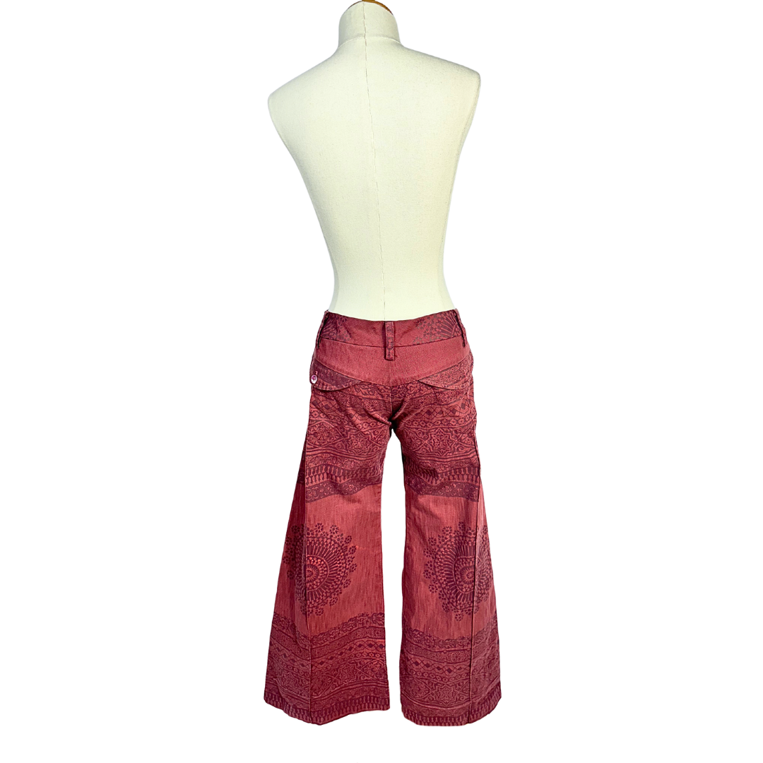 Maroon low rise mandala print wide leg pants - S