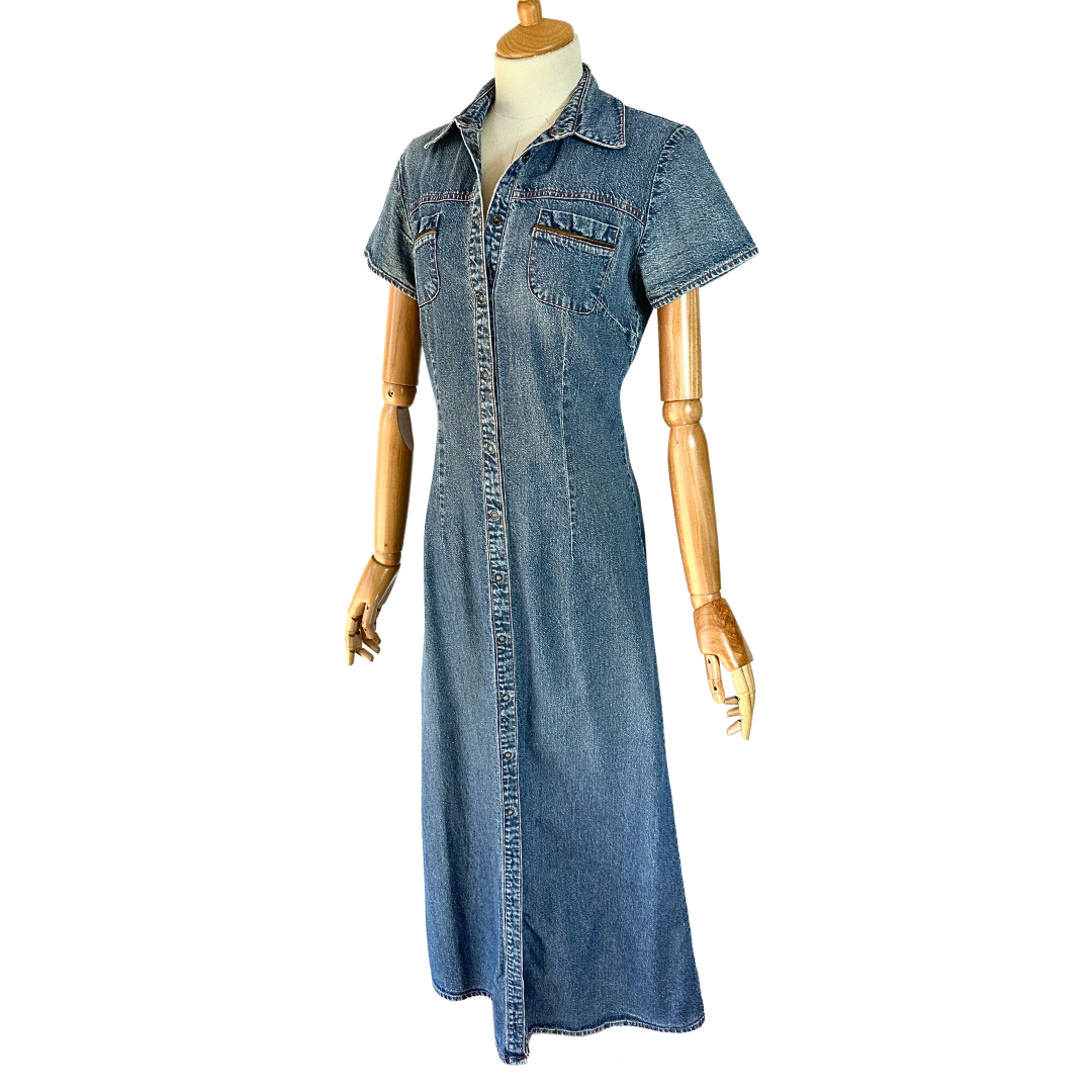 90s denim maxi shirt dress - S