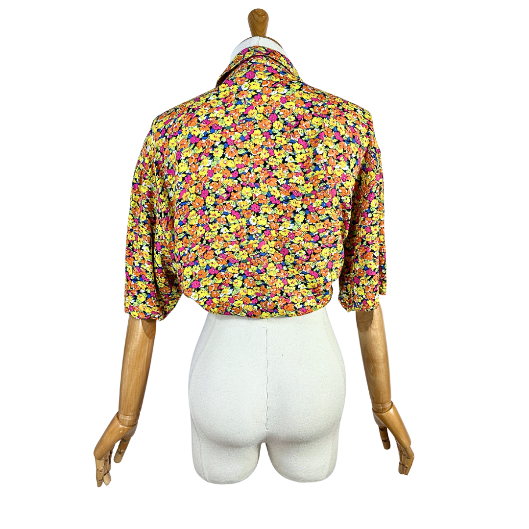 90s floral tie front shirt - L