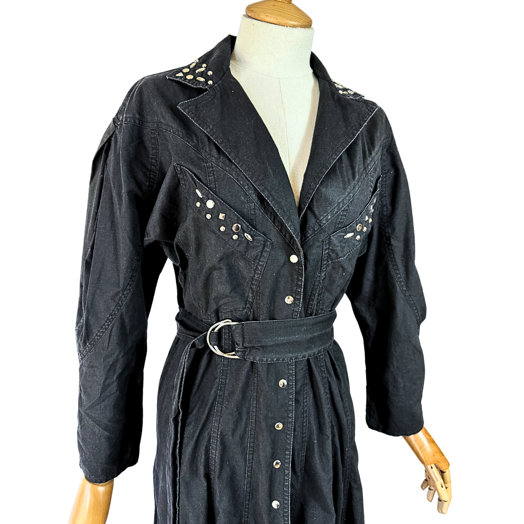 Black 80s studded shirt dress - M