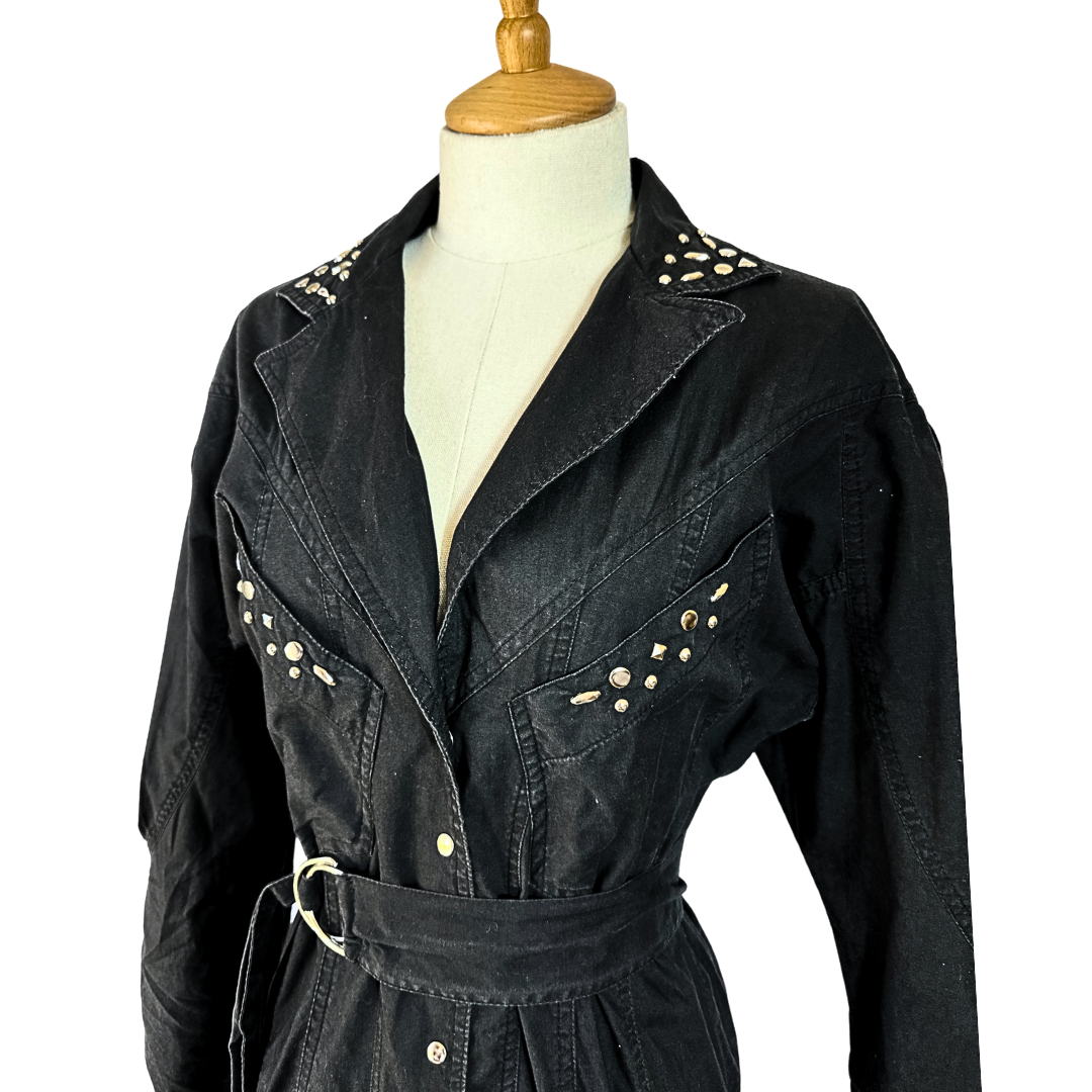 Black 80s studded shirt dress - M