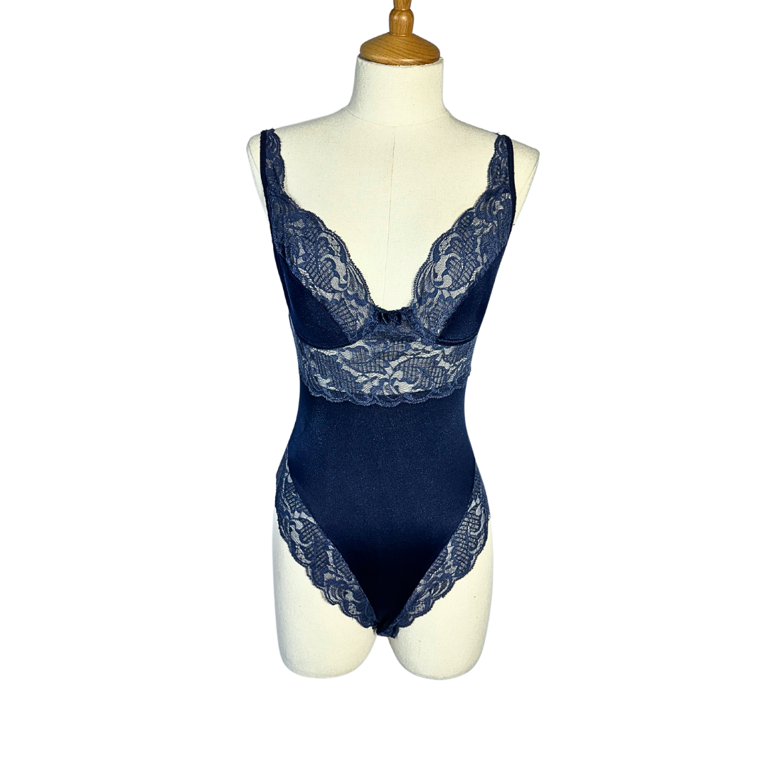 Navy blue 90s lace lingerie bodysuit - M