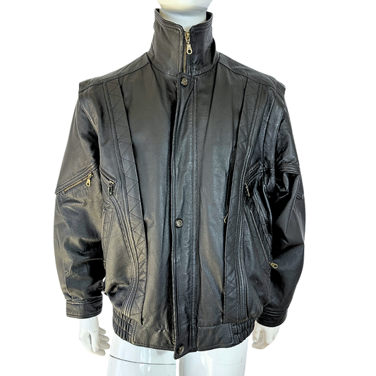 Black vintage leather bomber jacket - XL