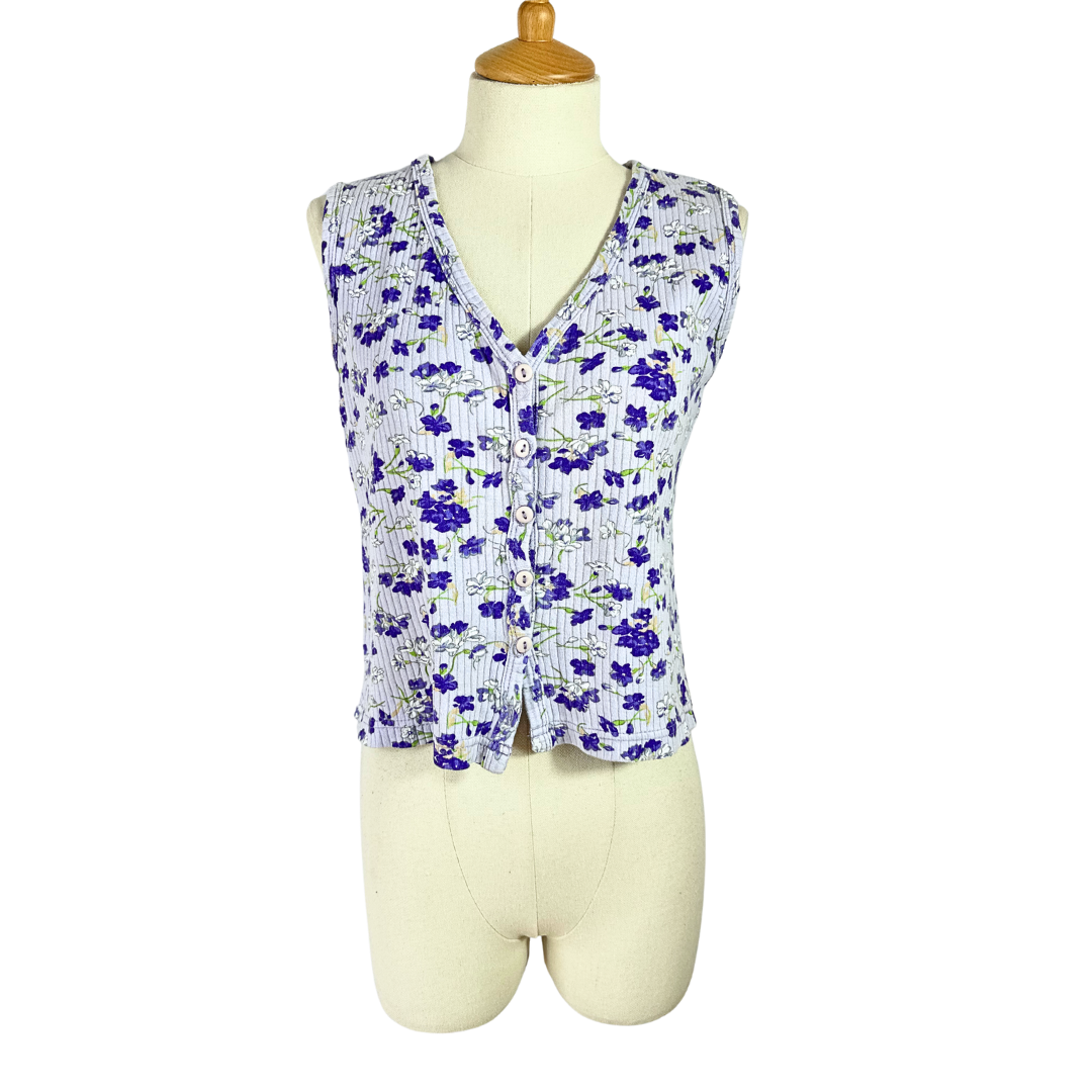 90s lilac floral ribbed vest - M