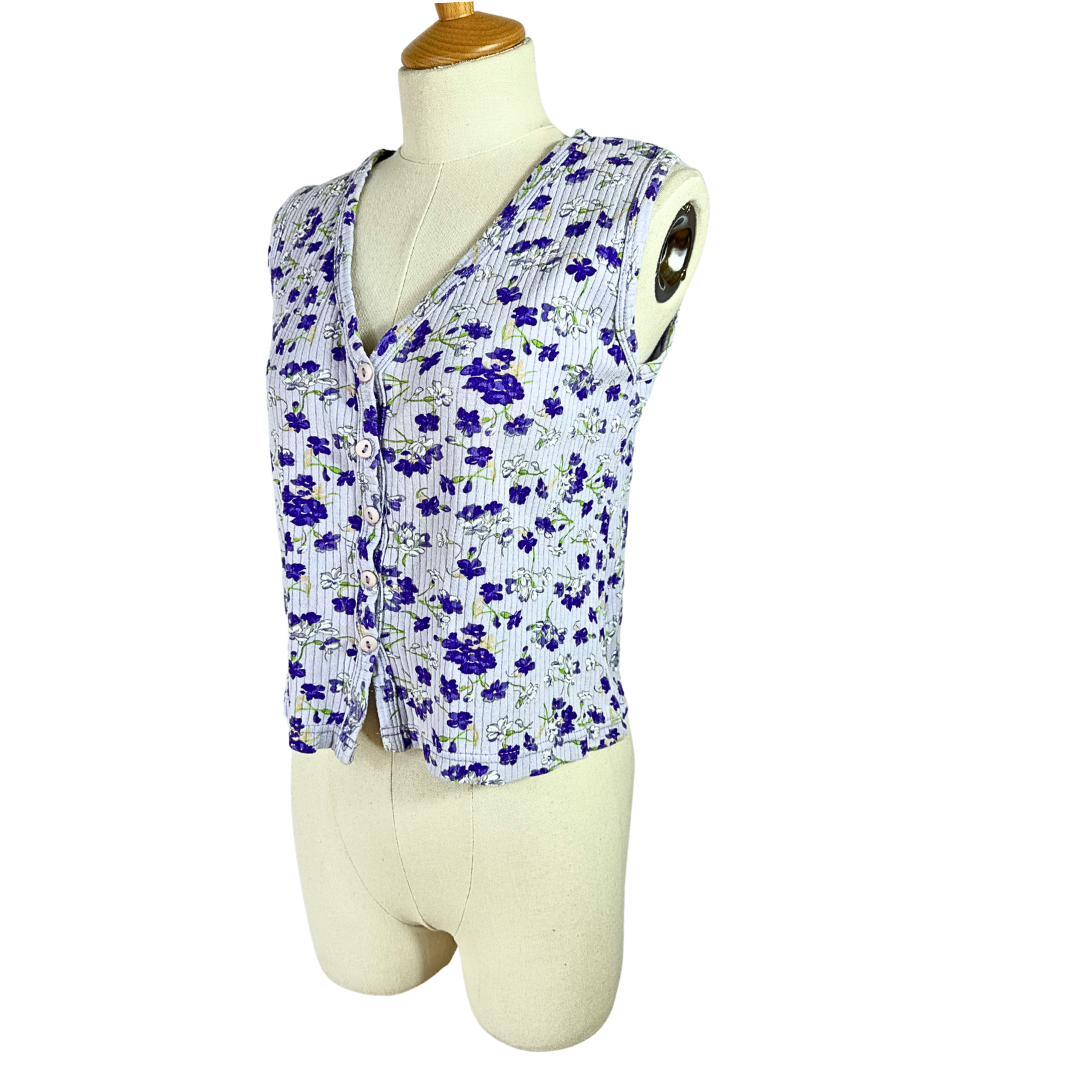 90s lilac floral ribbed vest - M