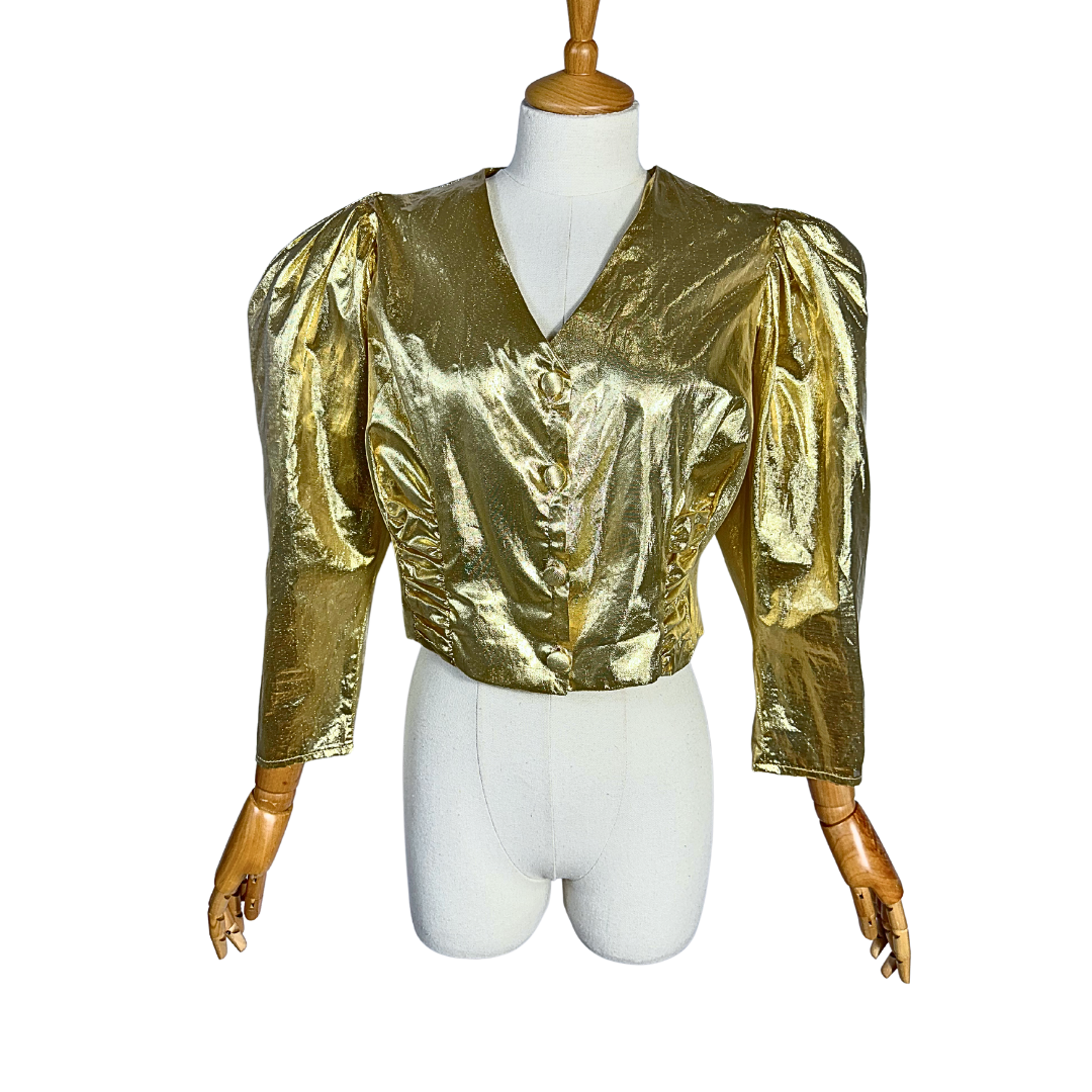 80s gold lame cropped blouse - M