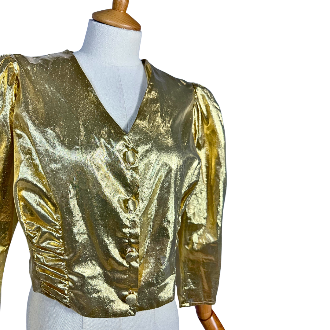 80s gold lame cropped blouse - M