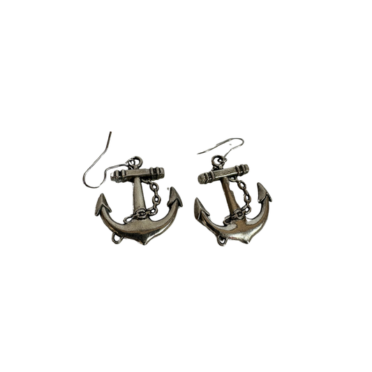 Silver tone anchor drop earrings