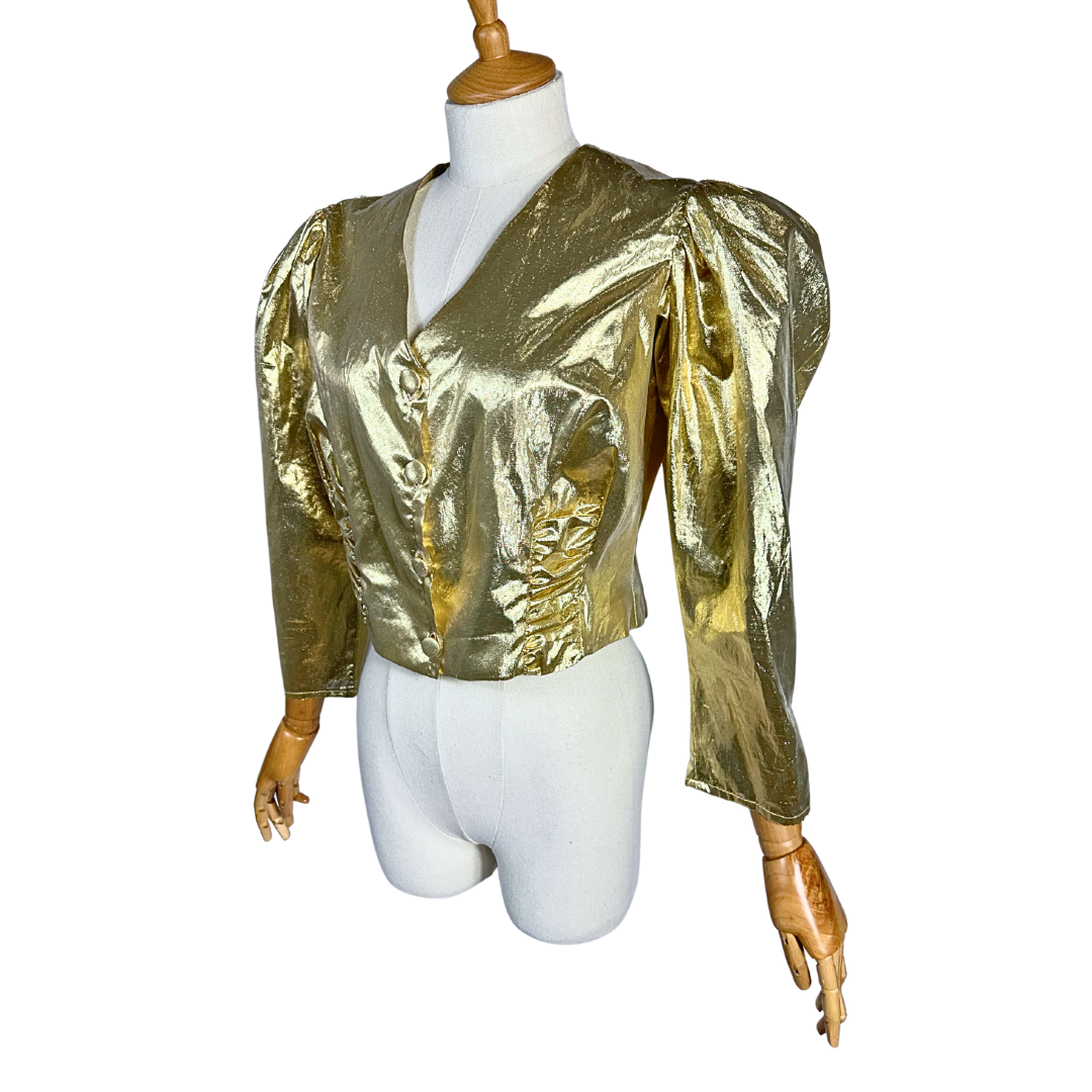 80s gold lame cropped blouse - M