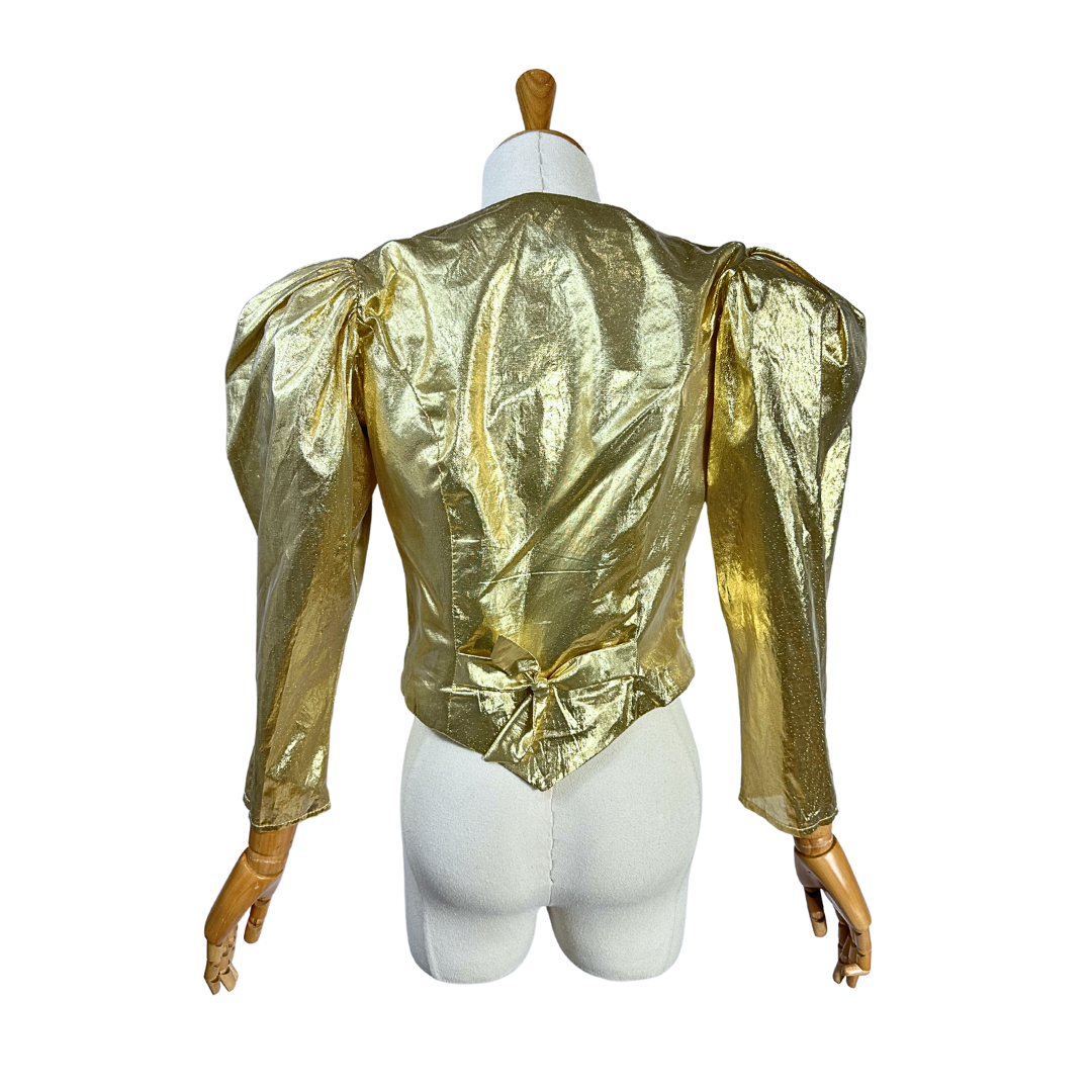 80s gold lame cropped blouse - M