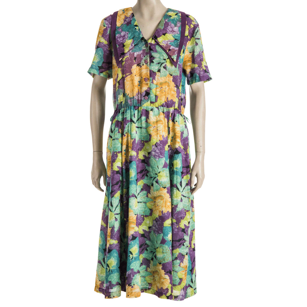 80s floral pleated dress with statement collar - L