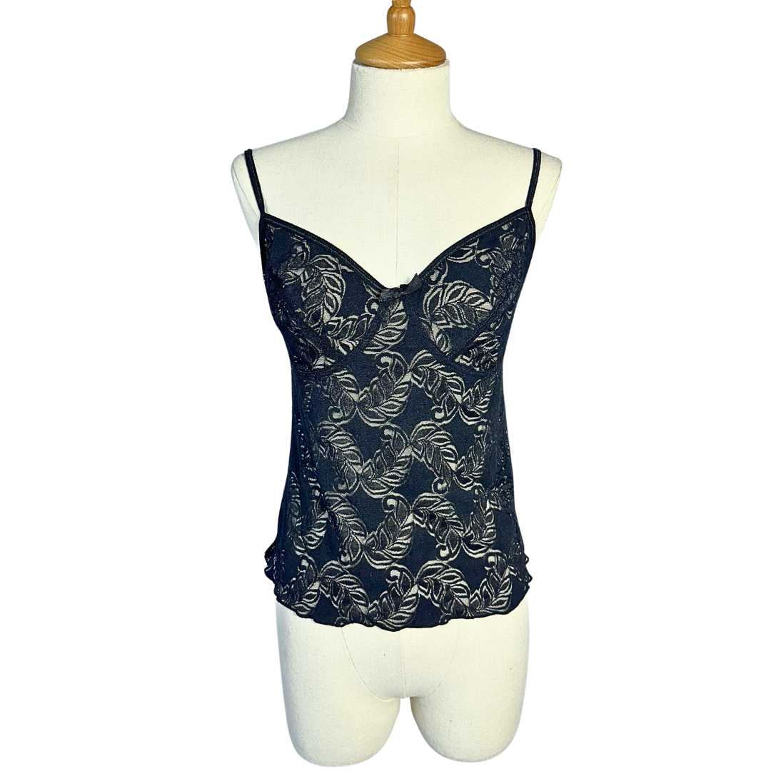 Black sheer leaf pattern lingerie top - M